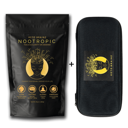 graphic product image of keto brainz nootropics creamer and KBZ travel kit