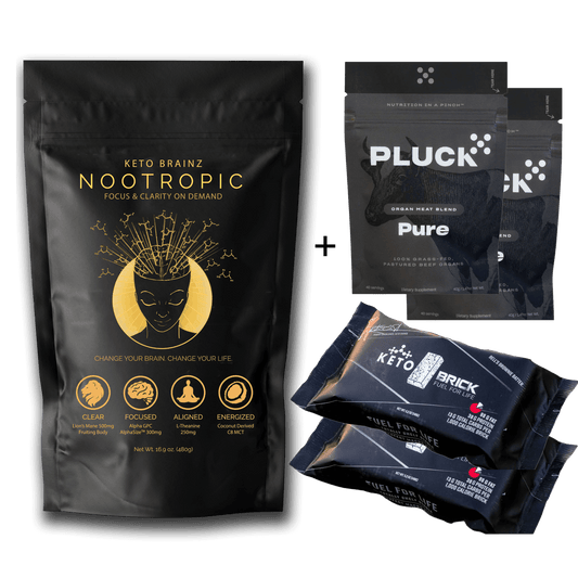 product image of keto brainz nootropic creamer, 2 sachets of Pluck pure organ blend and two Mark Bell carnivore keto bricks