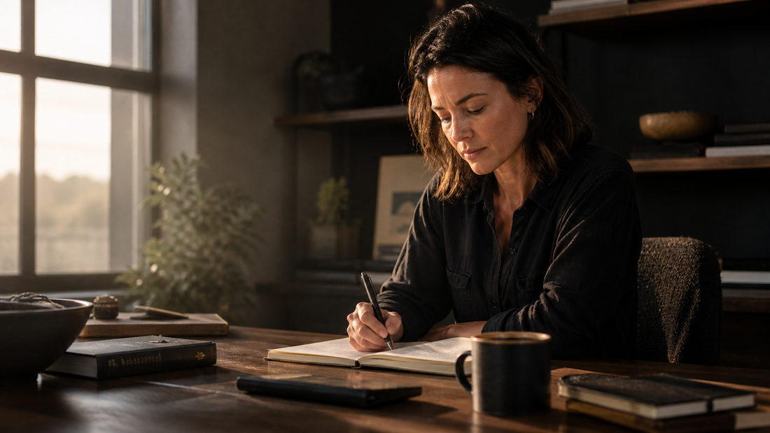 Woman writing in a notebook at a desk lit by a window, for an article on early signs of premenopause and brain support