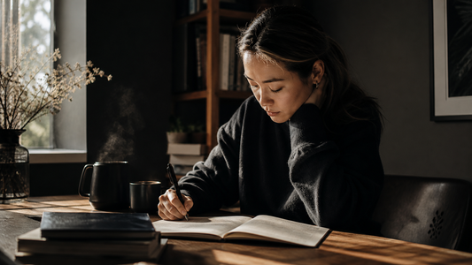 Woman writing in a notebook at a desk in soft morning light, for an article on nootropics for women's cognitive health