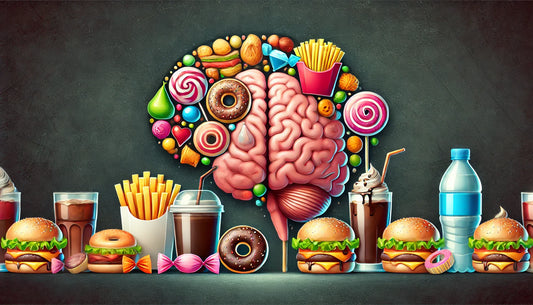 Foods Linked To Memory Loss - AI generated image of brain with unhealthy processed foods stuck to it