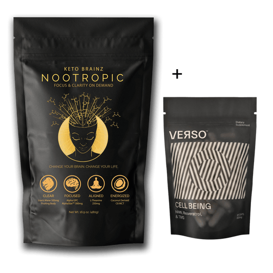 product image of keto brainz nootropic creamer and Verso cell being nmn supplement combo