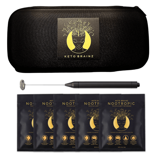 product image of keto brainz travel kit including travel case, mini hand blender and 5 single serve packs of keto brainz