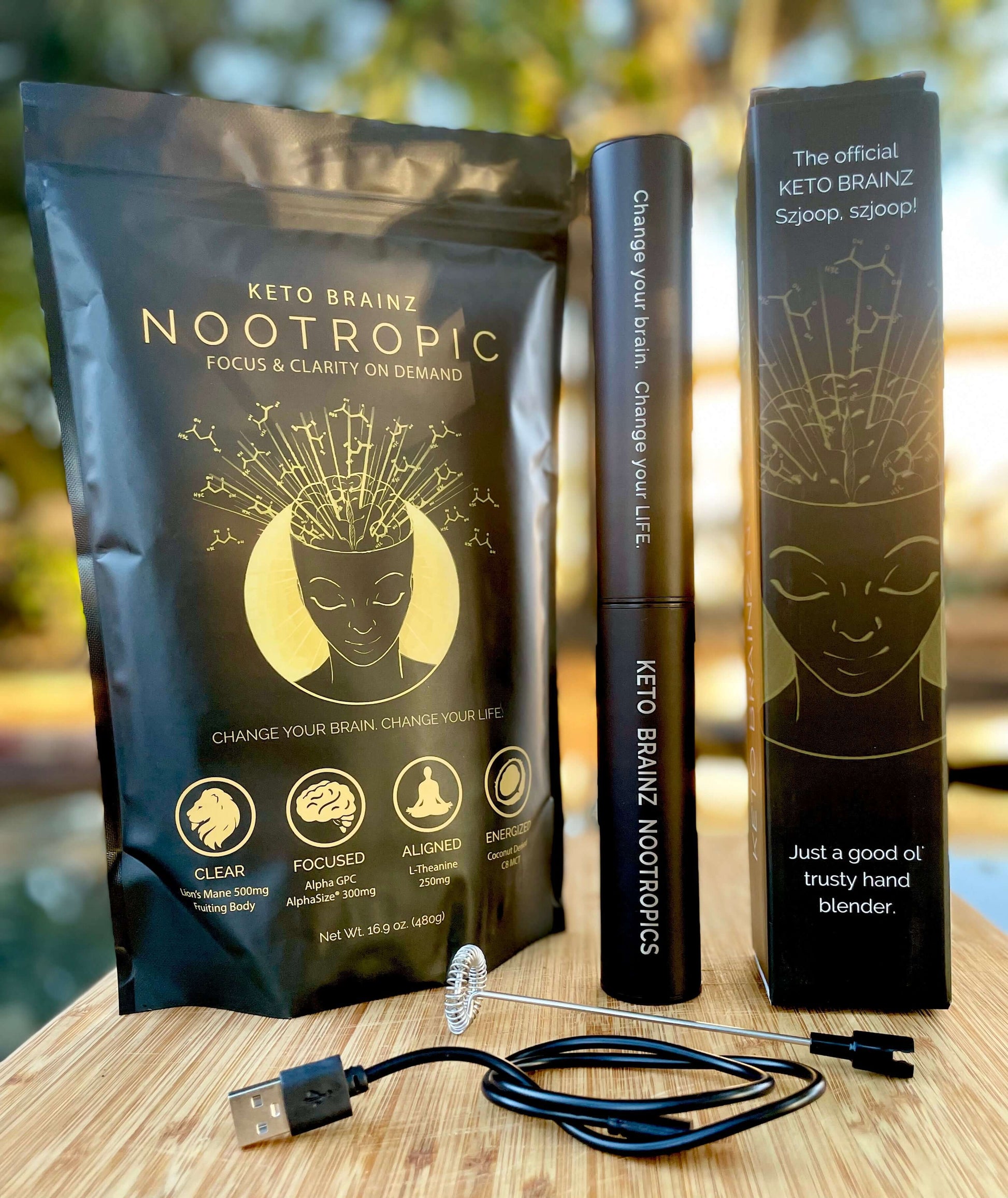 lifestyle product image of Keto Brainz Nootropic creamer and deluxe hand blender