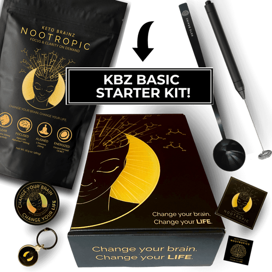 product image of keto brainz starter kit which includes kbz nootropic creamer, mini hand blender, matte black long handled spoon, kbz stickers and keychain 