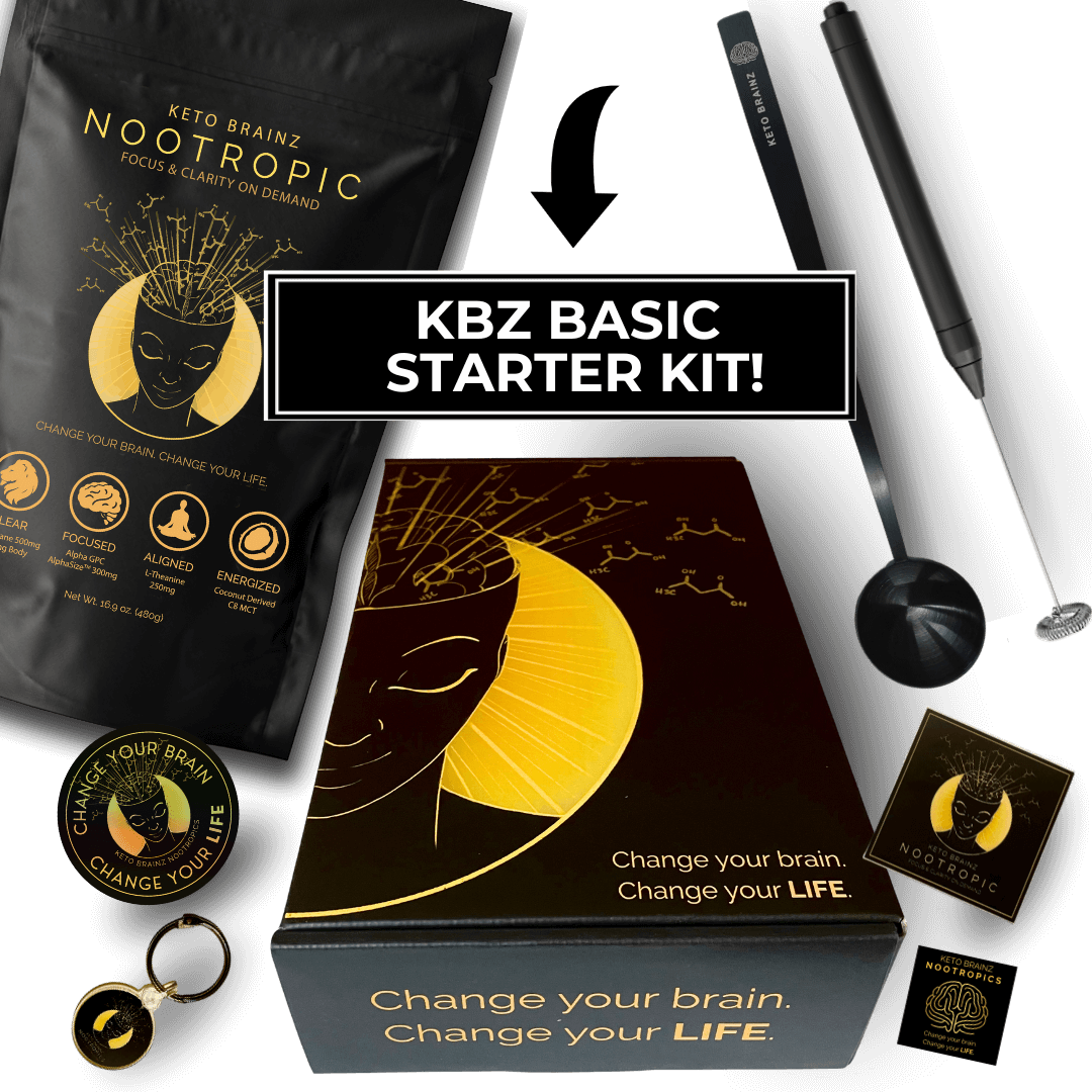 product image of keto brainz starter kit which includes kbz nootropic creamer, mini hand blender, matte black long handled spoon, kbz stickers and keychain 