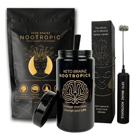 product image of Keto Brainz Nootropic creamer bundle with countertop jar, long handled spoon and deluxe hand blender