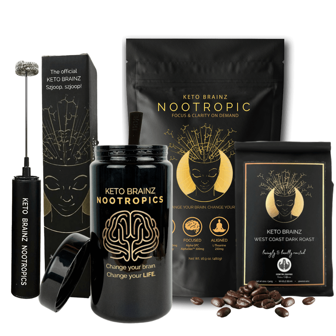 product image of Keto Brainz Nootropic creamer bundle with countertop jar, long handled spoon, deluxe hand blender and coffee