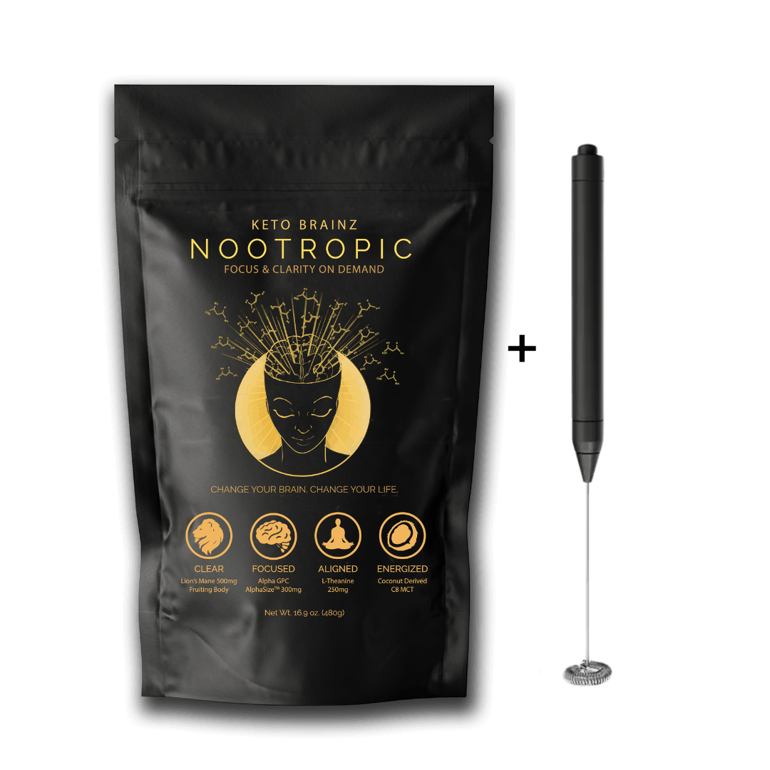 product image of keto brainz nootropic creamer and a free mini hand blender