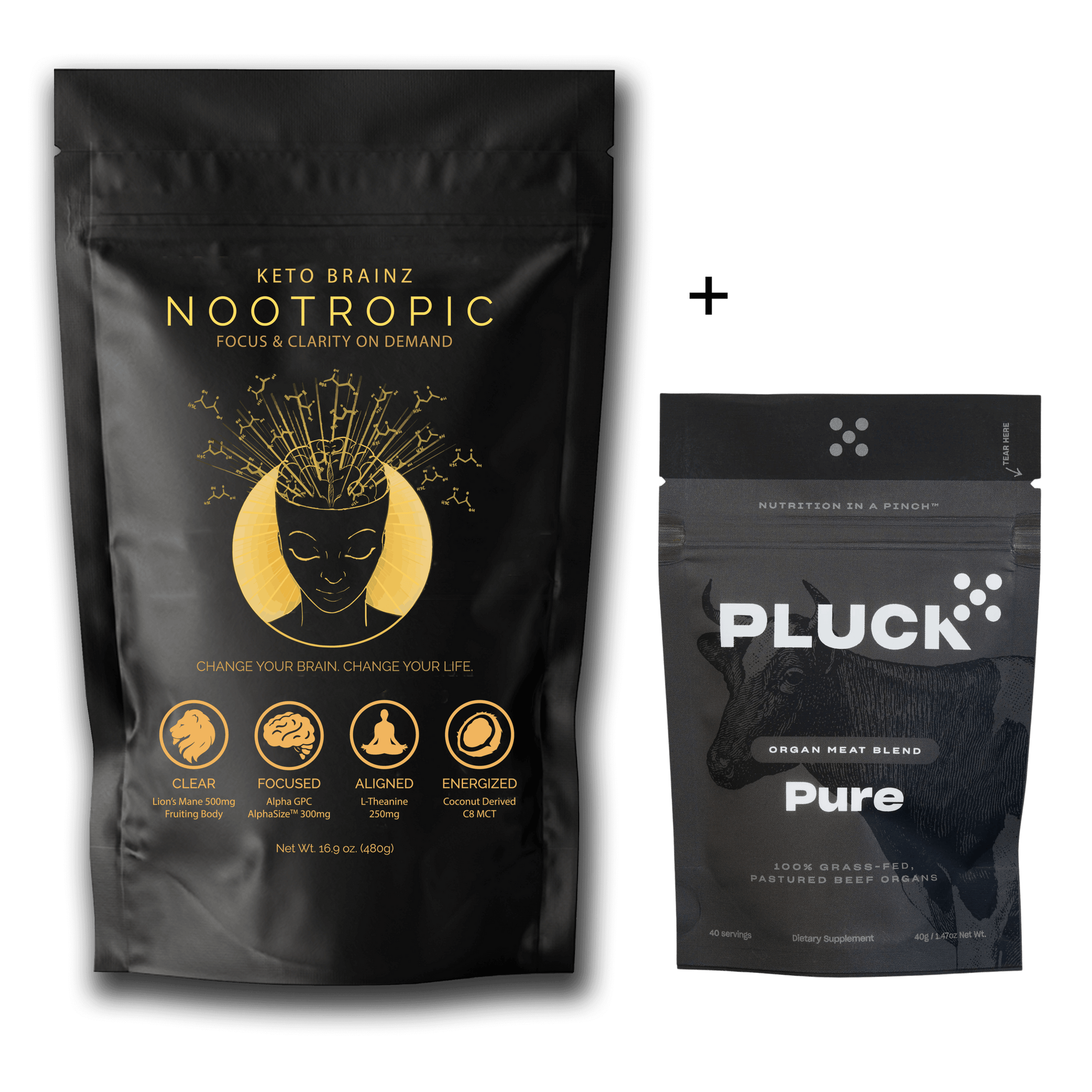 product image of keto brainz nootropic creamer and Pluck powdered grass fed organ meat blend