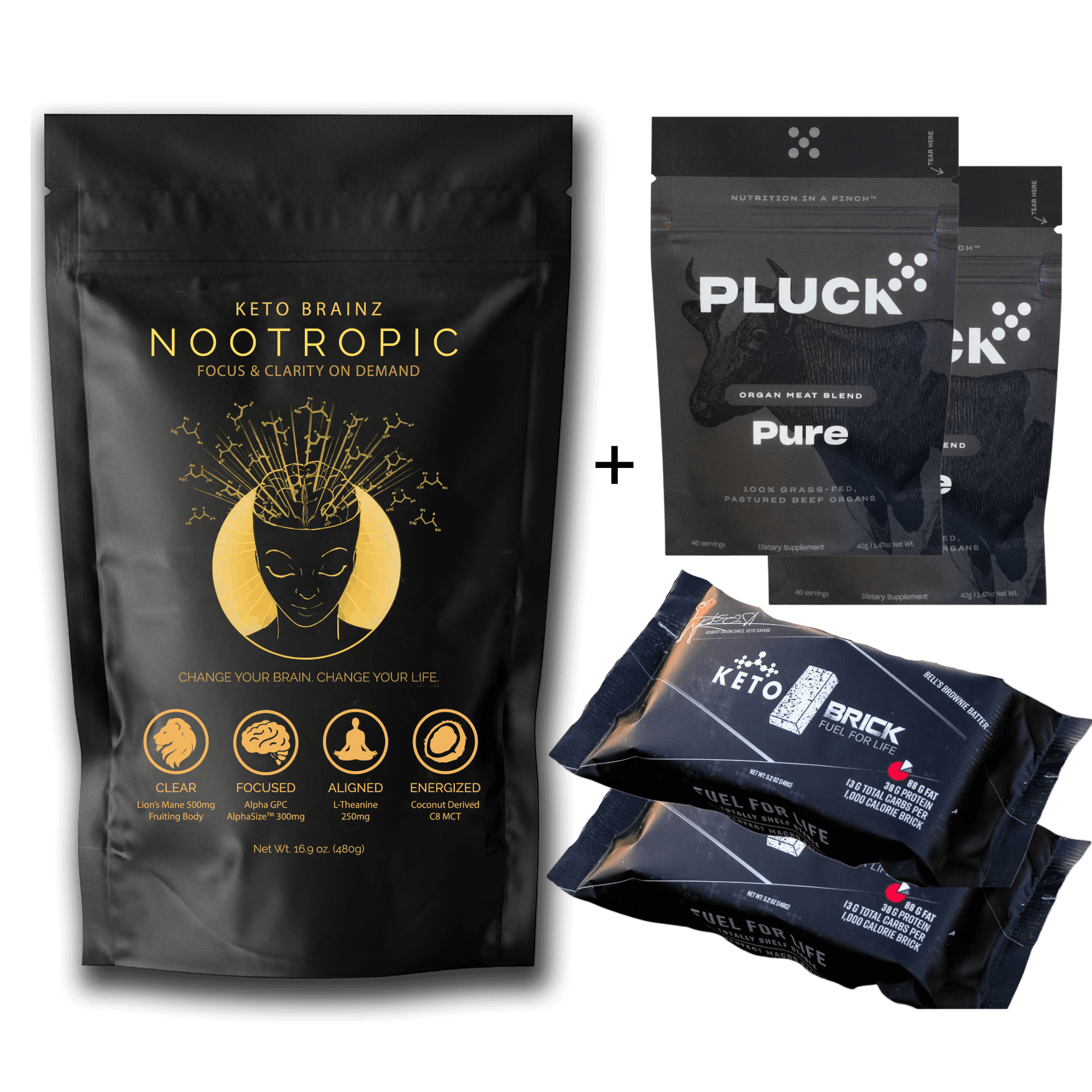 product image of keto brainz nootropic creamer, 2 sachets of Pluck pure organ blend and two Mark Bell carnivore keto bricks
