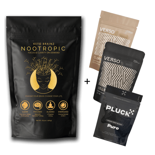 product image of keto brainz nootropic creamer, clean being, cell being and pluck organ blend combo