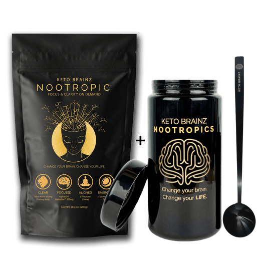 product image of Keto Brainz Nootropic creamer, miron glass counter top jar and long handled spoon combo
